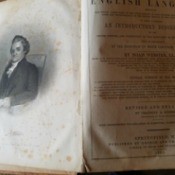 Value of an 1855 Webster's
Dictionary - pages from dictionary, cover page an one with illustration of Noah Webster