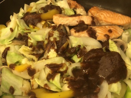 miso sauce added to pan