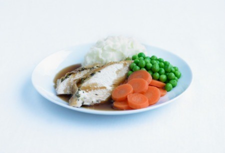 Roast chicken dinner with carrots, pees, and mashed potatoes on a white plate.