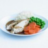 Roast chicken dinner with carrots, pees, and mashed potatoes on a white plate.