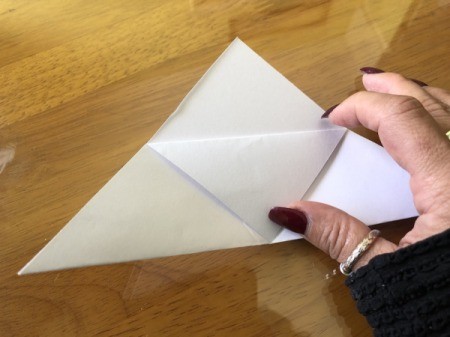 Folded Paper Bunny Corner Bookmark - fold the top corner of the front flap down to the base of the triangle