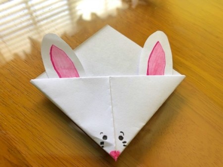 Folded Paper Bunny Corner Bookmark - draw on eyes, whiskers, and a nose