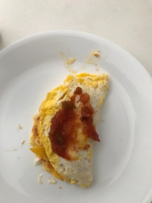 An omelet on a plate with salsa on top.