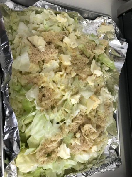 Cabbage on pan with added bread crumbs