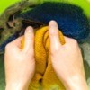 Hands washing a yellow sweater by hand.