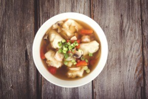 Beef Vegetable Soup With Dumplings in a bowl.