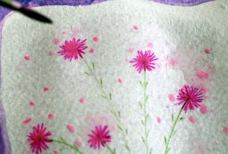 Floral Art Greetings Card - use small brush with pink paint to wet the center of the flowers, you can add pink dots if you like