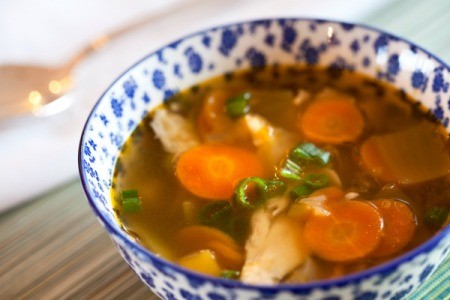 Chicken and vegetable soup in a bowl