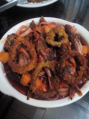 Fish and Onion Rings on plate