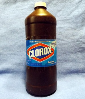 A recycled hydrogen peroxide bottle with a Clorox label.