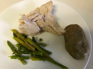 cooked turkey on plate with asparagus