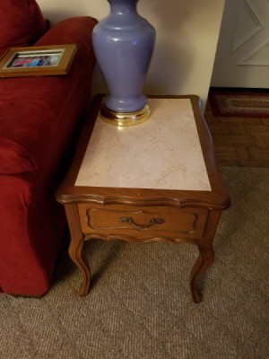 Value of Vintage Mersman End Tables - marble topped end table with drawer