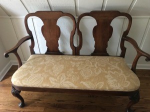 Identifying an Ornate Wooden Double Bench - dark wood two seat with upholstered seat
