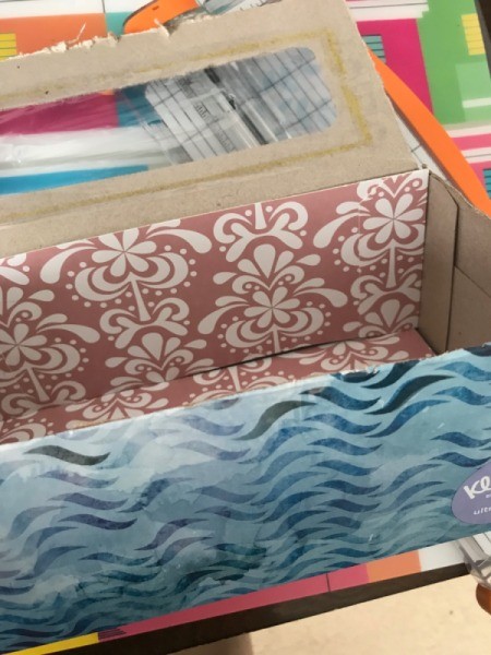 Coupon Organizer  Made from a Tissue Box - begin cutting and glueing pieces of the recycled cardboard to the interior sides of the tissue box