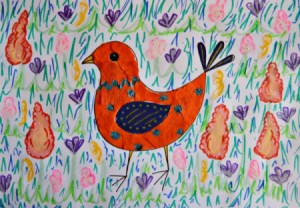 Colorful Spring Bird Kids Artwork - closeup of the artwork with more detail added to the bird's body