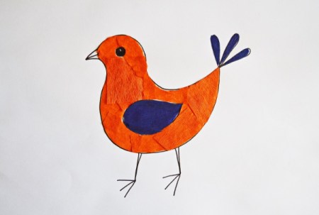 Colorful Spring Bird Kids Artwork - use bits of blue purple paper to cover the wing and tail feathers