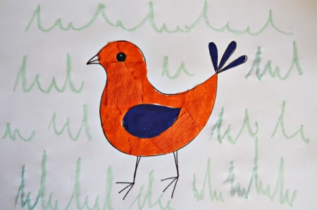Colorful Spring Bird Kids Artwork - dip green chalk into the sugar water and add grass to the background