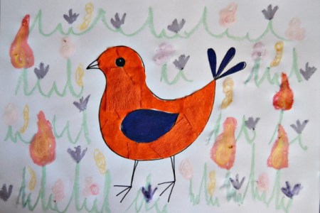 Colorful Spring Bird Kids Artwork - use other colors of chalk to draw flowers, also dipping into the sugar water