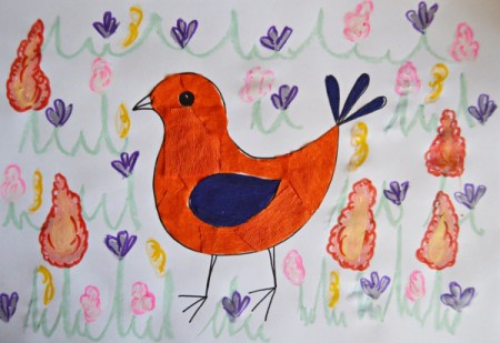 Colorful Spring Bird Kids Artwork - use felt pens to add details to the flowers and to color the beak and feet