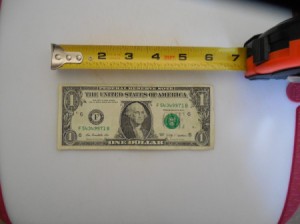 A dollar bill next to a measuring tape showing six inches.