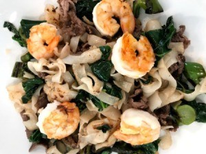 Noodles with Beef and Shrimp on plate