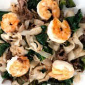 Noodles with Beef and Shrimp on plate