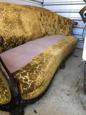 Determining the Age of a Couch - gold upholstered couch with partial tufting and wood trim
