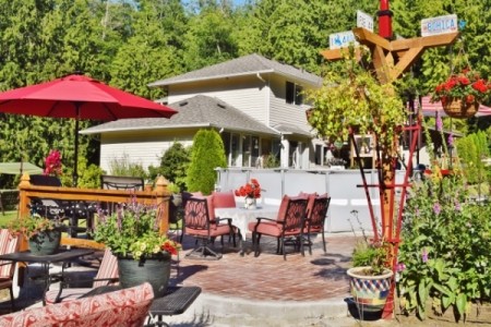A home with a well decorated backyard.