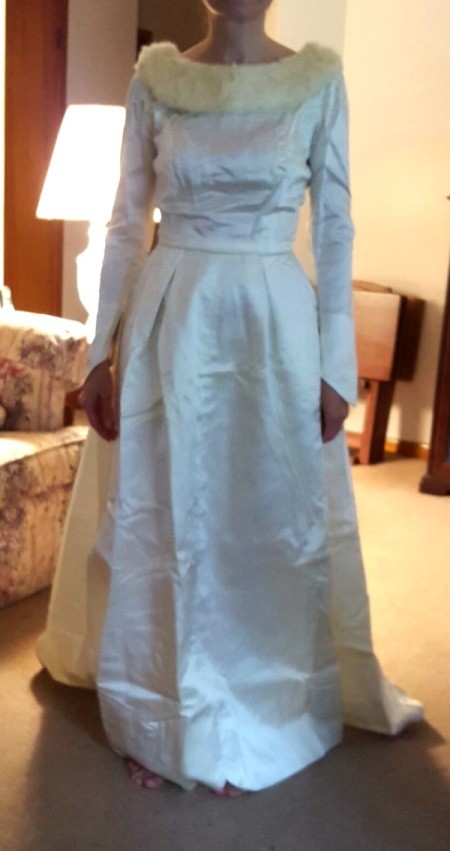 Whitening a 50 Year Old Peau de Soie Wedding Dress - woman wearing the dress