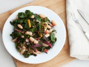 Swiss Chard with Cannellini Beans on a white plate
