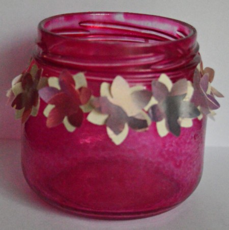 Floral Glass Jar Wedding Favor - glue the cream flowers around the jar leaving petals free to bend then glue the wrapping paper flowers on top again leaving them loose at petals