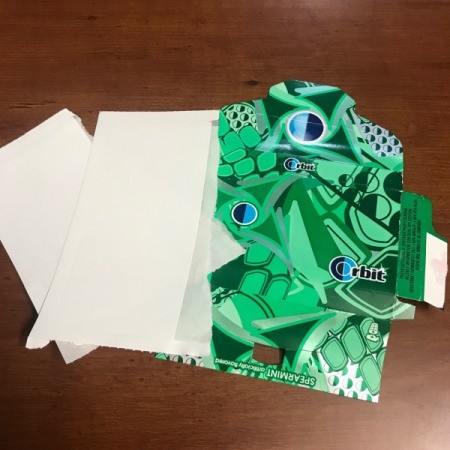 Upcycled Business Card Holder from Gum Packaging - use labels to cover parts of package