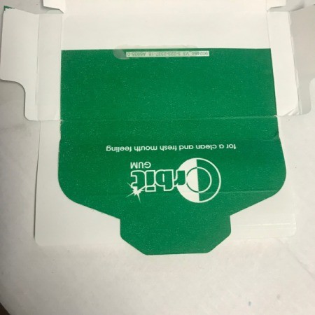 Upcycled Business Card Holder from Gum Packaging - label on lid from outside