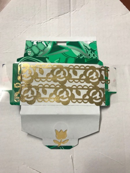 Upcycled Business Card Holder from Gum Packaging - back the punched flower with colored paper