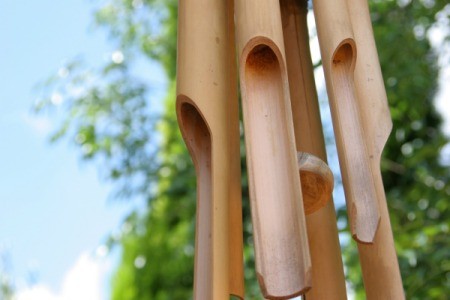 Bamboo wind chime in a backyard