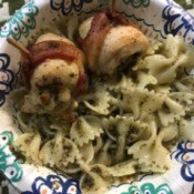 wrapped Chicken and pasta on plate