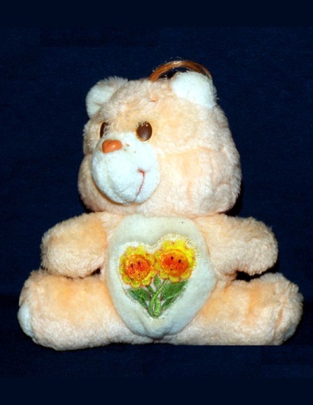 An orange stuffed bear with flowers on its stomach.