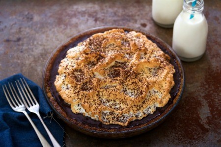Meringue pie with chocolate crust.