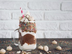 Crazy shake with sprinkles and chocolate syrup.