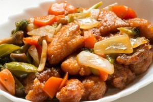 Sweet and Sour Pork on a serving dish.
