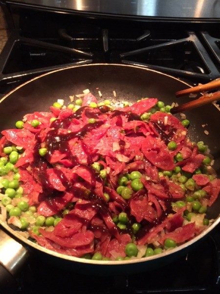 sausage, peas, onions and Hoisin sauce