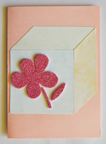 Baby's Toy Cube Card - draw a flower on the back of the glitter foam, cut out, and glue to block