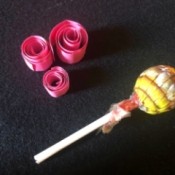 DIY Lollipop Paper Quilling Tool - lolly and three paper strip rolls