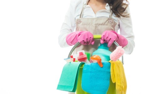 Woman holding a bucket full of cleaning supplies.