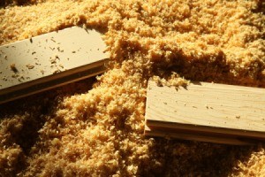 Two boards surrounded by sawdust.