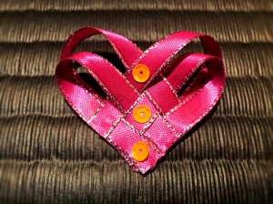 Woven Ribbon Heart - finished ribbon heart with sequins in the center of the sections