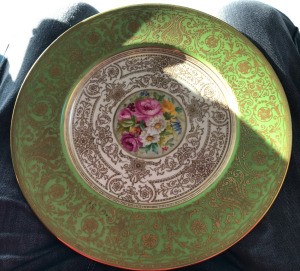 Value of Tiffany Plates by Cauldon - ornate gold filagree plate with green top edge and floral center