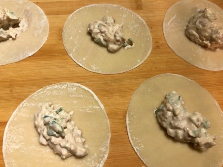 tuna mix on gyoza wrappers