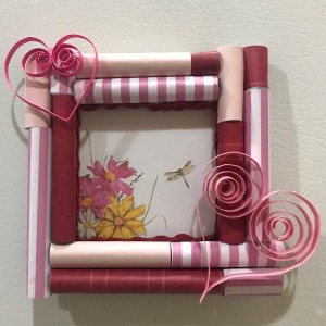 Picture Frame Magnet - finished frame with a print of flowers and a dragonfly inside