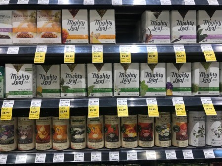 Packages of Mighty Leaf tea on sale.